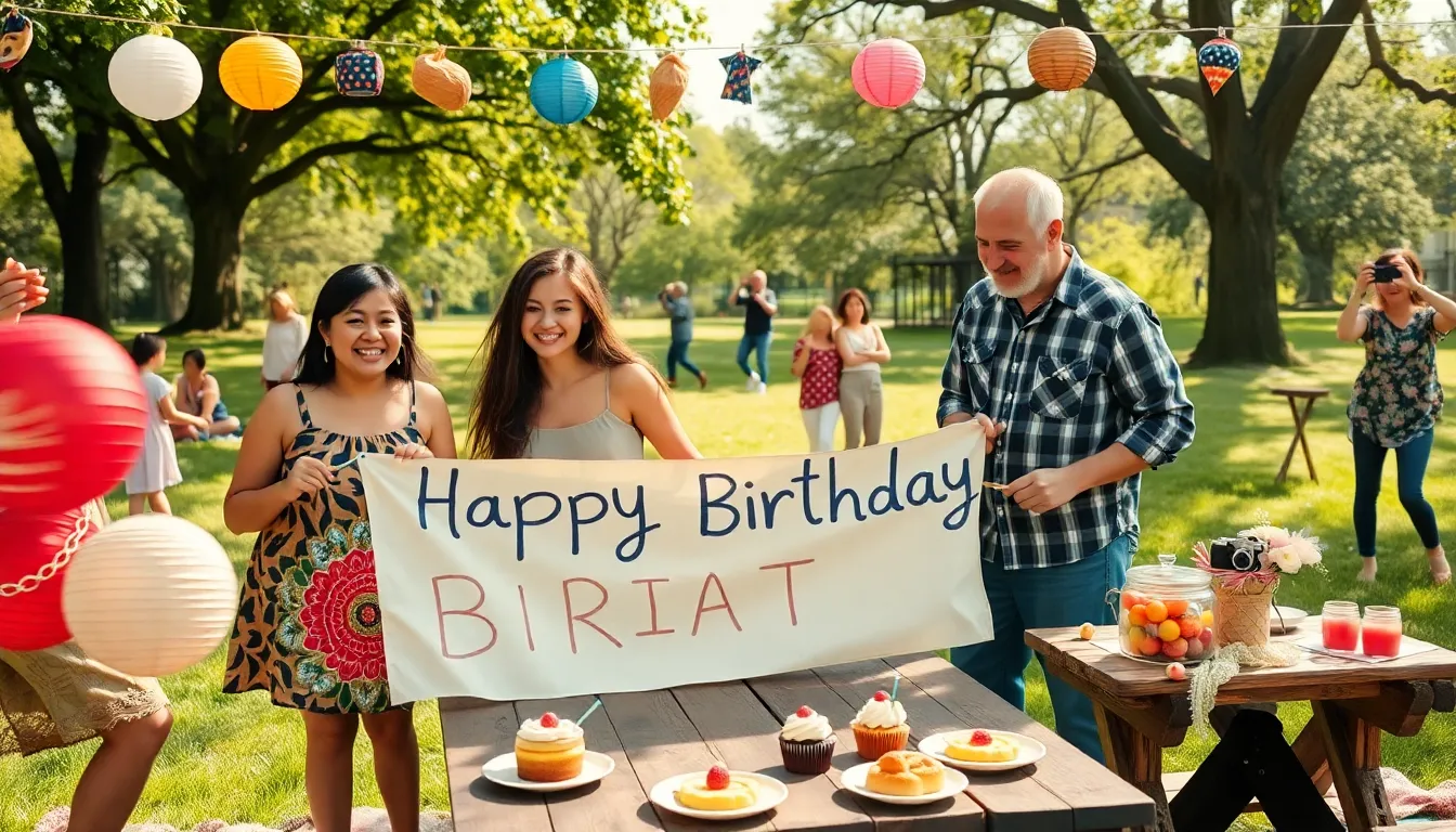 a diverse group celebrating a birthday picnic in a park with DIY decorations.