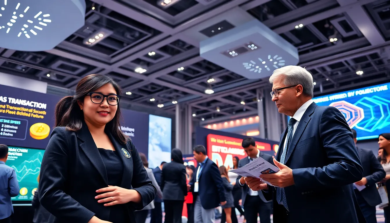 a woman presenting BitClassic at a tech conference with a digital display.